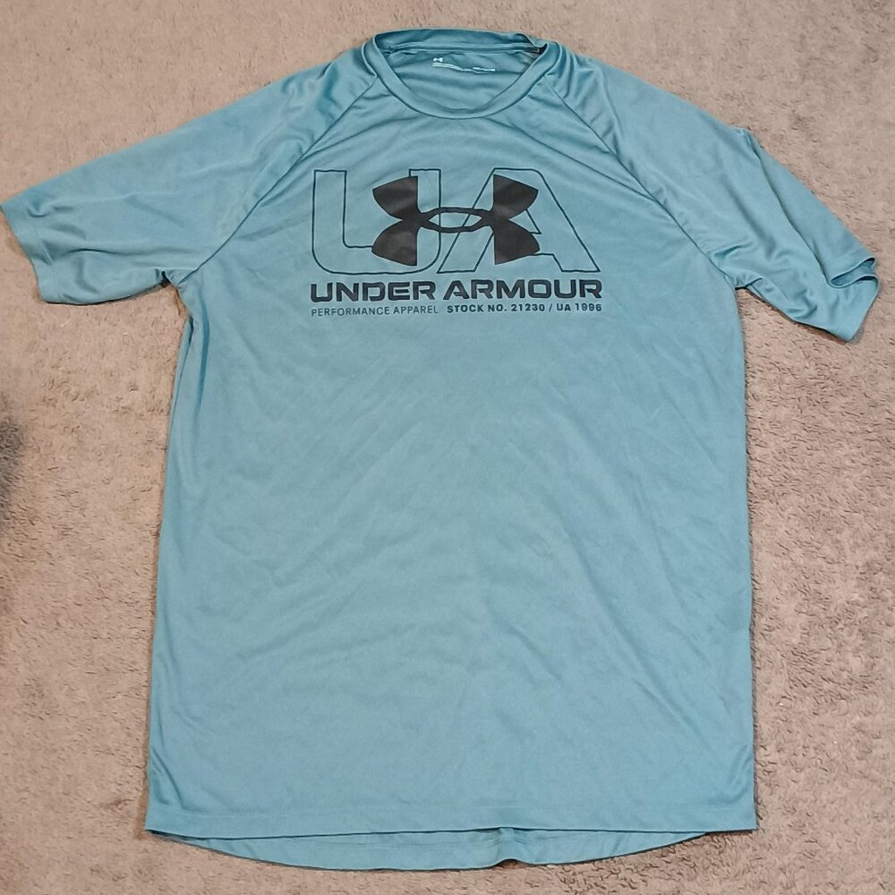 Under Armour Training Shirt Men M Teal UA Tech Split Wordmark Loose Fit Workout